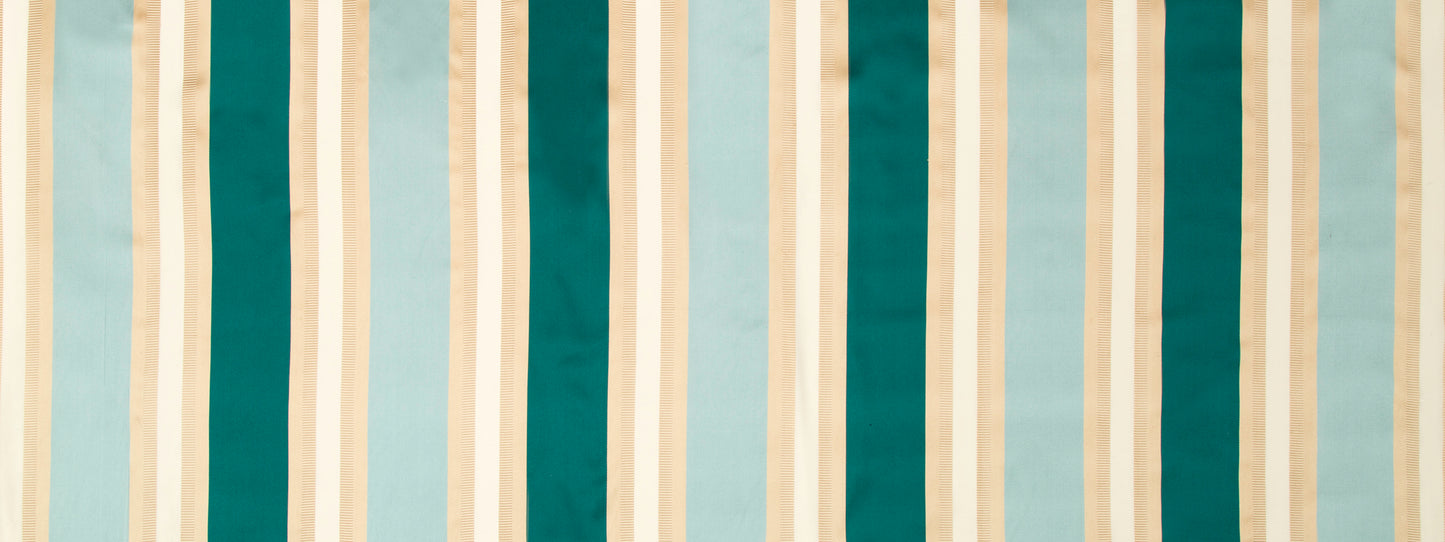 Vertical striped drapery fabric in teal, turquoise, and beige with narrow tan accents.