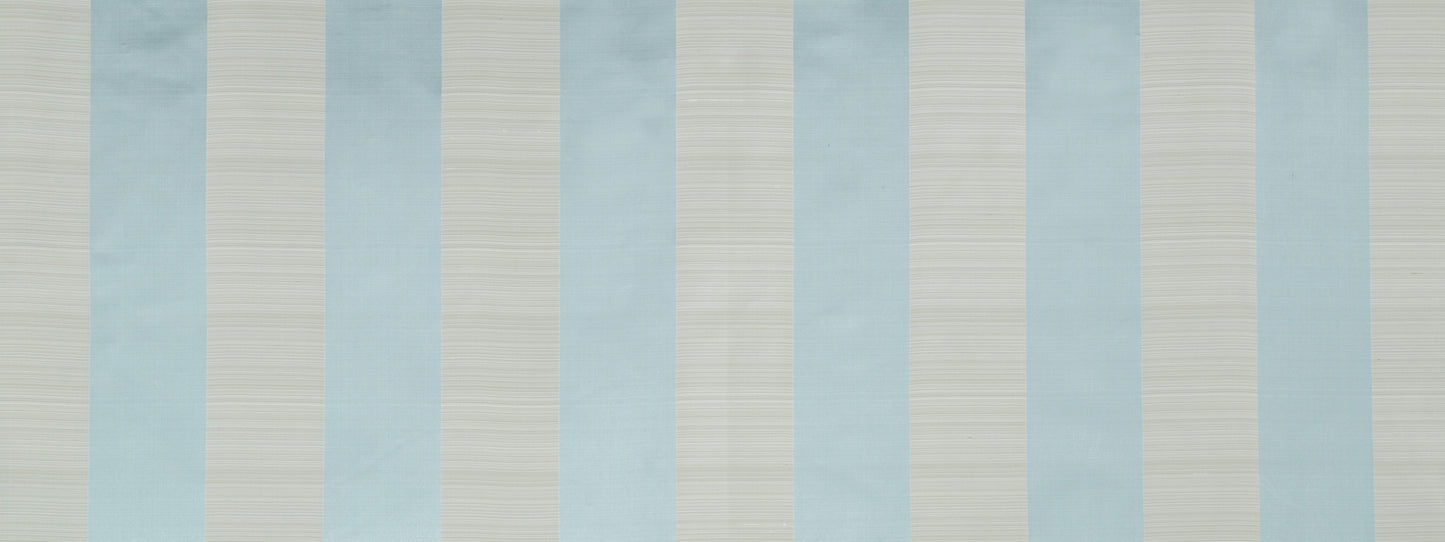 Vertical pale blue and cream striped fabric with a subtle linen-like texture.