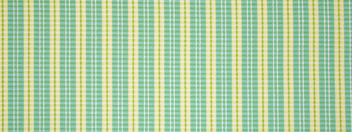 Turquoise plaid upholstery fabric with a woven texture.