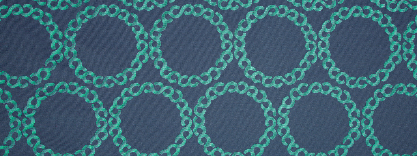 Repeating turquoise chain-link circles on a dark blue background.