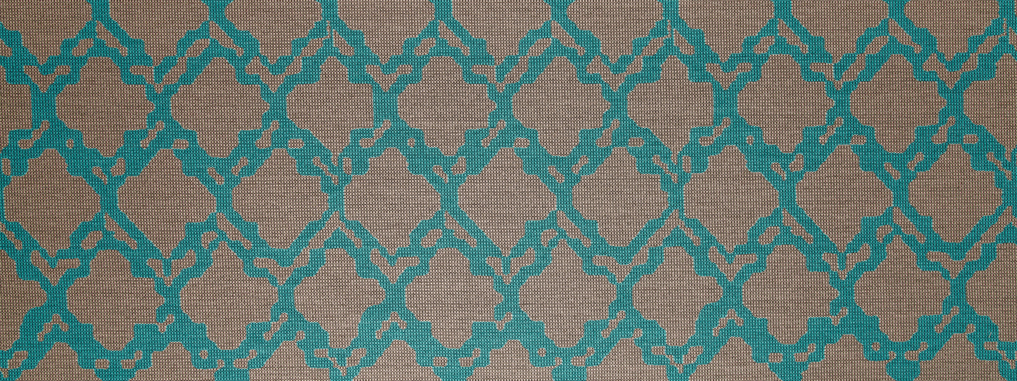 Teal Moroccan trellis pattern on beige fabric; decorative textile for upholstery or wallpaper.