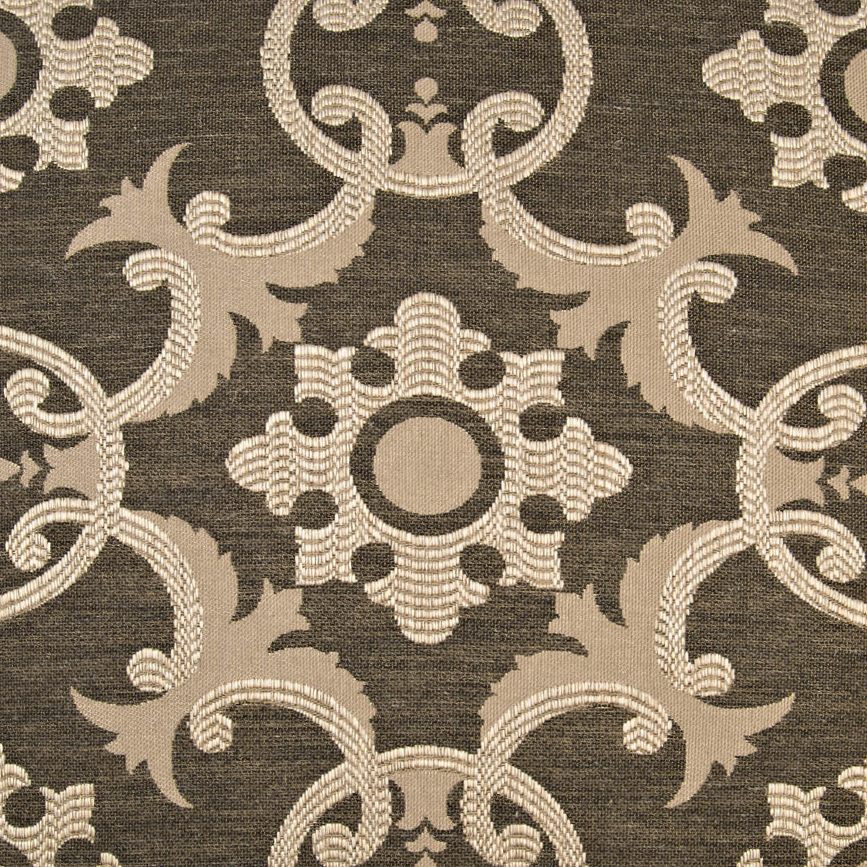 Brown fabric with beige damask floral motif and scrolling arabesque pattern.