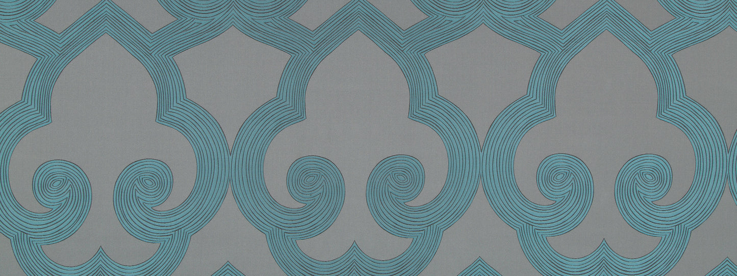 Teal geometric wallpaper with concentric curved lines forming ogee motifs on a gray background; modern wallcovering.
