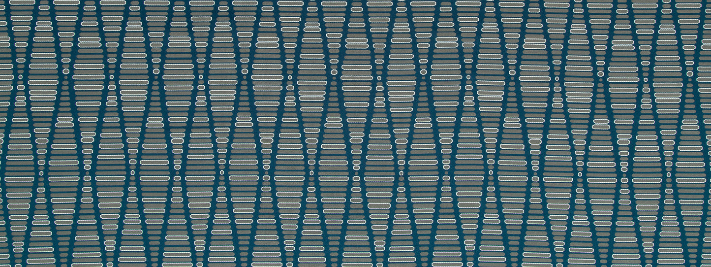 Teal and navy geometric woven fabric with repeating hourglass lattice pattern.