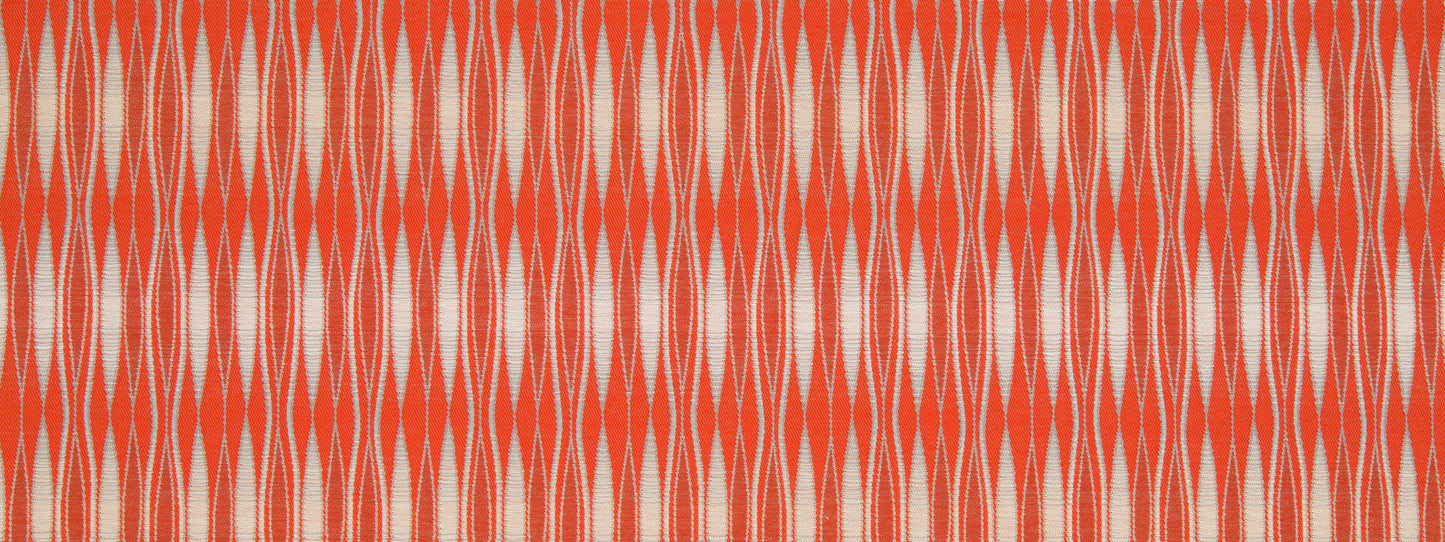 Orange and cream ikat-style fabric pattern with elongated diamonds; textile texture for upholstery or clothing.