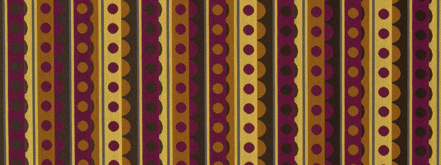 Upholstery fabric with vertical purple & gold stripes and a repeating circular-dot pattern; bold ethnic-inspired print.
