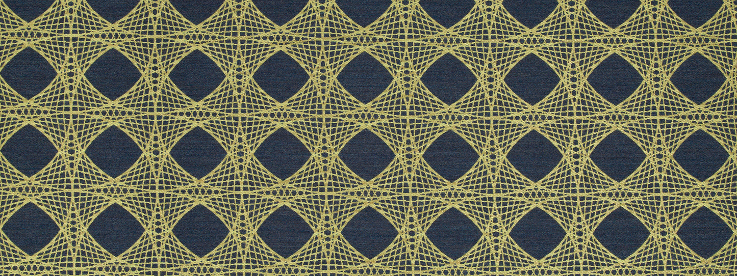 Mustard-yellow geometric lattice upholstery fabric with interlocking diamonds on navy background.