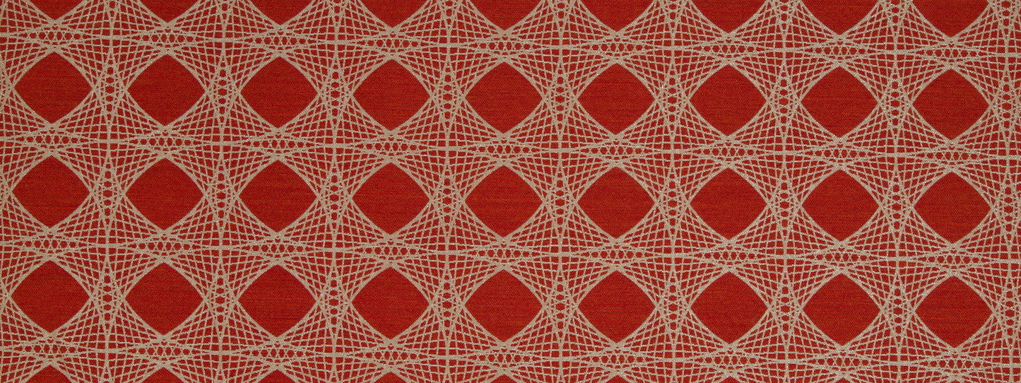 Red fabric with a white geometric lattice of diamonds; textile-style pattern suitable for upholstery or crafts.