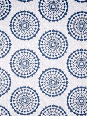 Repeating navy blue & light blue circle crest motifs on white background; indigo multipurpose fabric print.