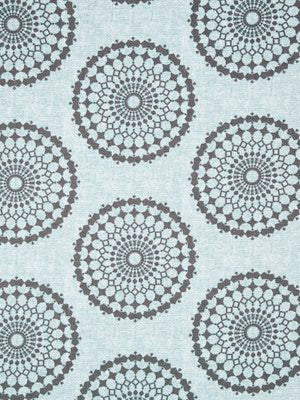 Light blue fabric with repeating dark gray circular mandala rosette patterns and lace-like medallions.