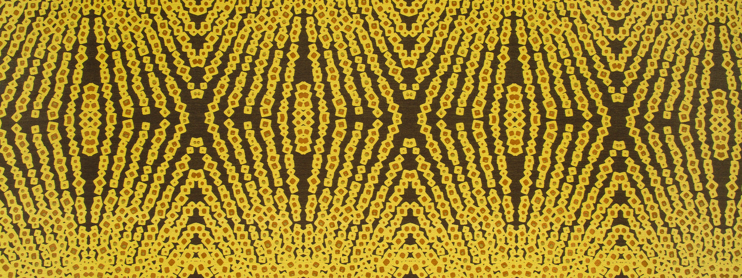 Yellow and brown geometric upholstery fabric with a repeating diamond lattice pattern.