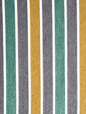 Vertical striped upholstery fabric in teal, gray, and mustard yellow with white gaps; textured material.