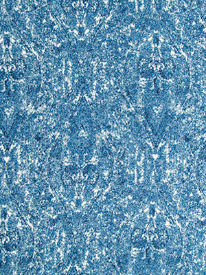 Blue textured upholstery fabric with a white damask ogee paisley pattern.