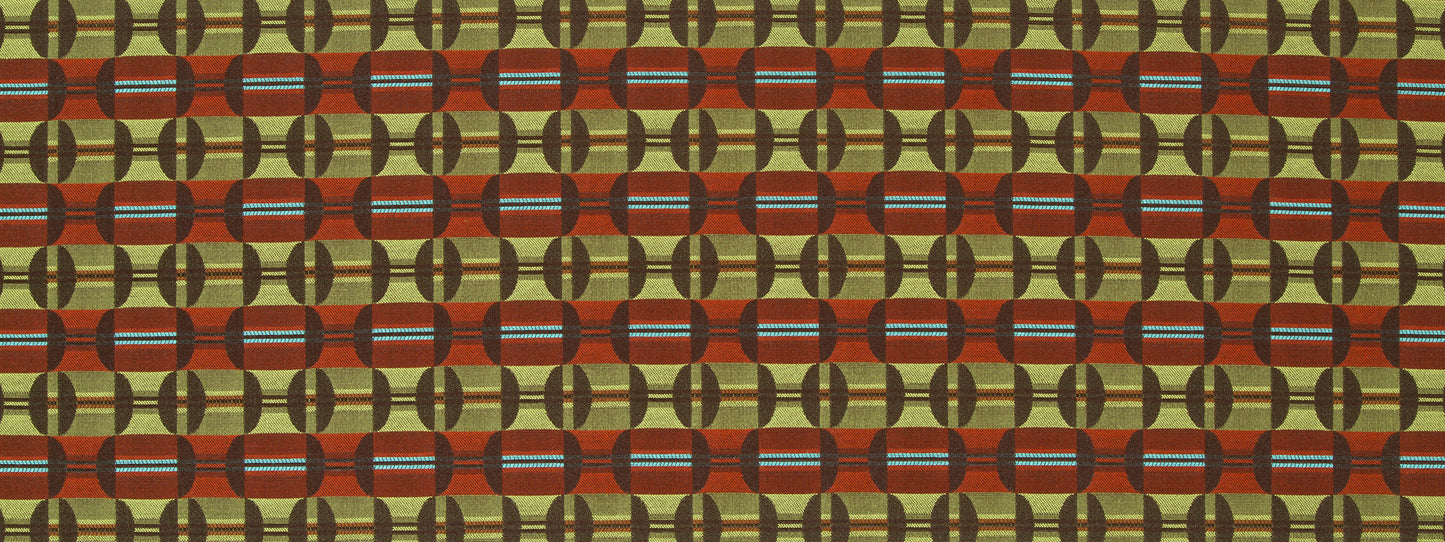 Retro geometric pattern of interlocking olive green, brown and red rings; woven upholstery fabric.