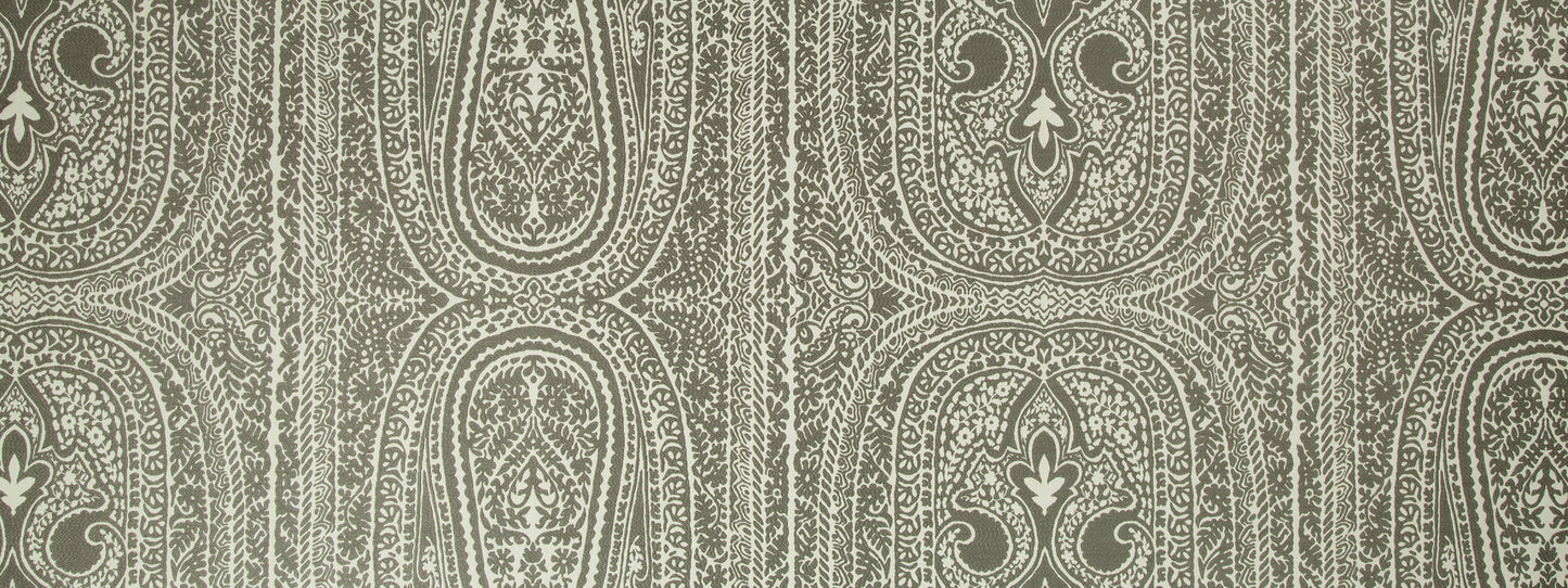 Gray damask-pattern upholstery fabric with cream scrolls and floral motifs in an ornate vintage design.