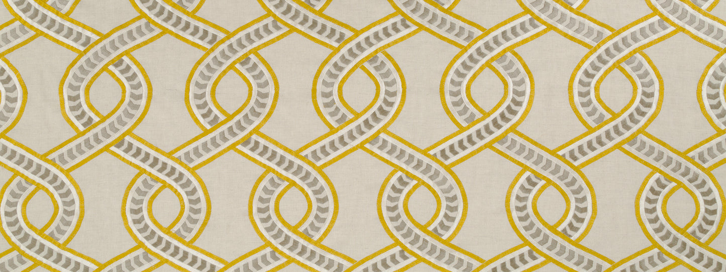 Beige wallpaper with interlocking yellow loops outlined over gray chevron bands for a bold geometric retro pattern.