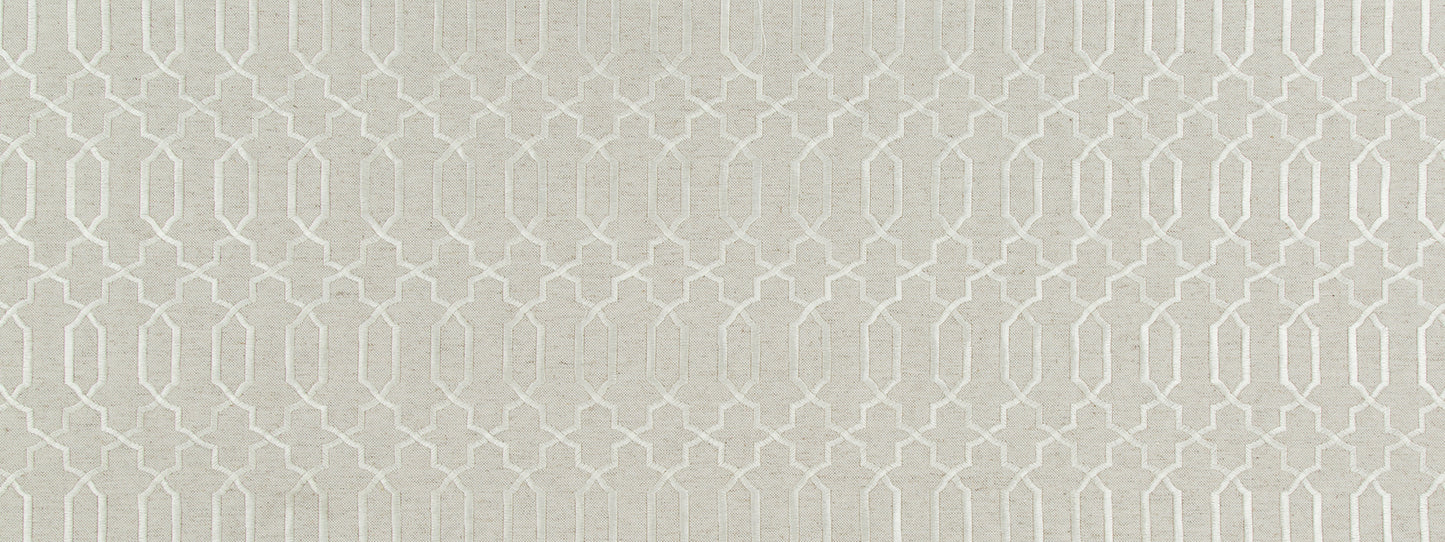 Beige linen-like fabric with white interlocking geometric lattice pattern; versatile for upholstery or drapery.