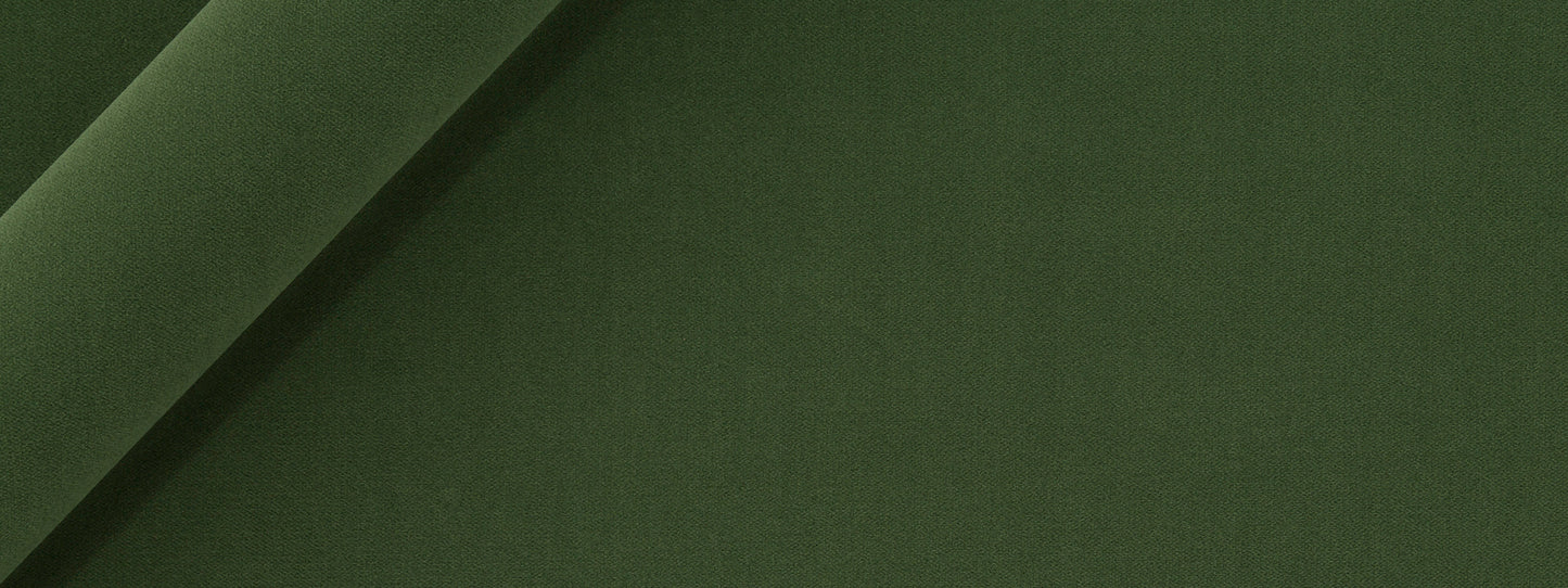 Olive green velvet fabric with two overlapping curved folds at the top-left corner.