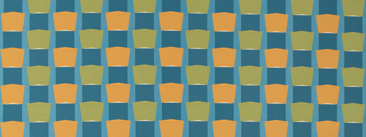 Geometric tessellation of teal, olive green and orange trapezoids on a blue grid background