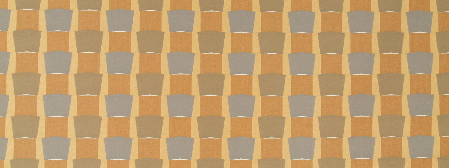 Geometric pattern of rounded trapezoids in warm orange-gold, tan and gray tones; retro woven tile-style upholstery fabric.