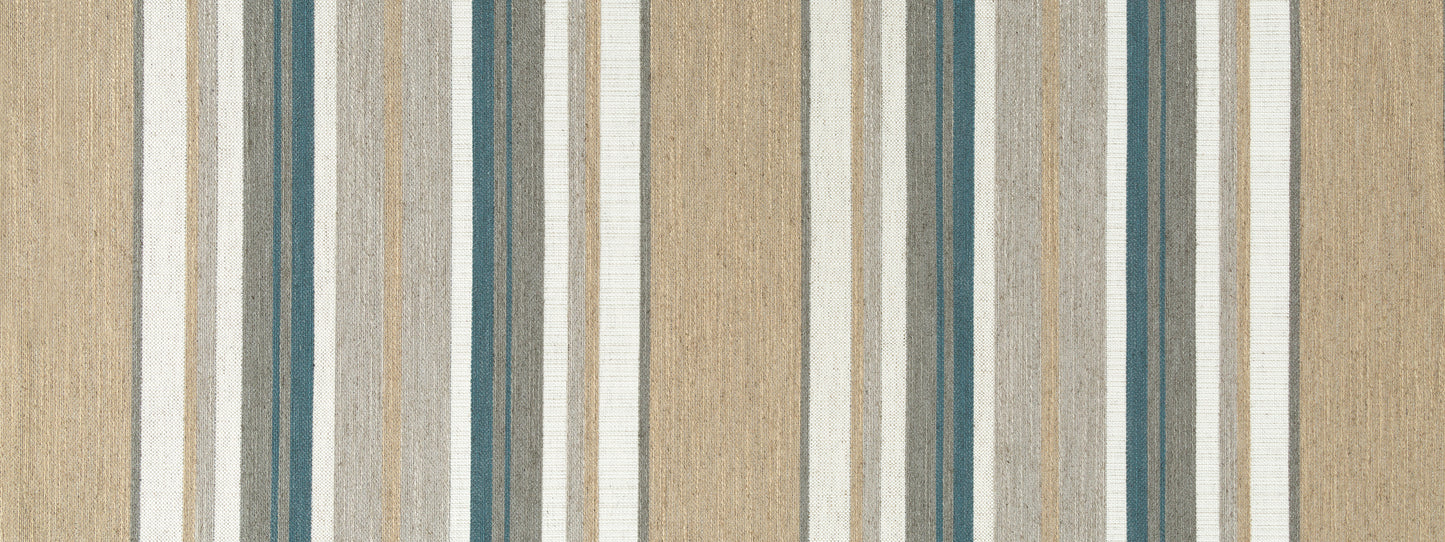 Beige woven fabric with vertical cream, tan, teal and gray stripes; modern striped upholstery or curtain material.