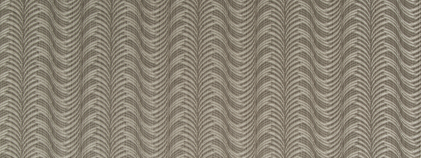 Beige fabric with repeating wavy ribbed stripes; textured upholstery fabric.