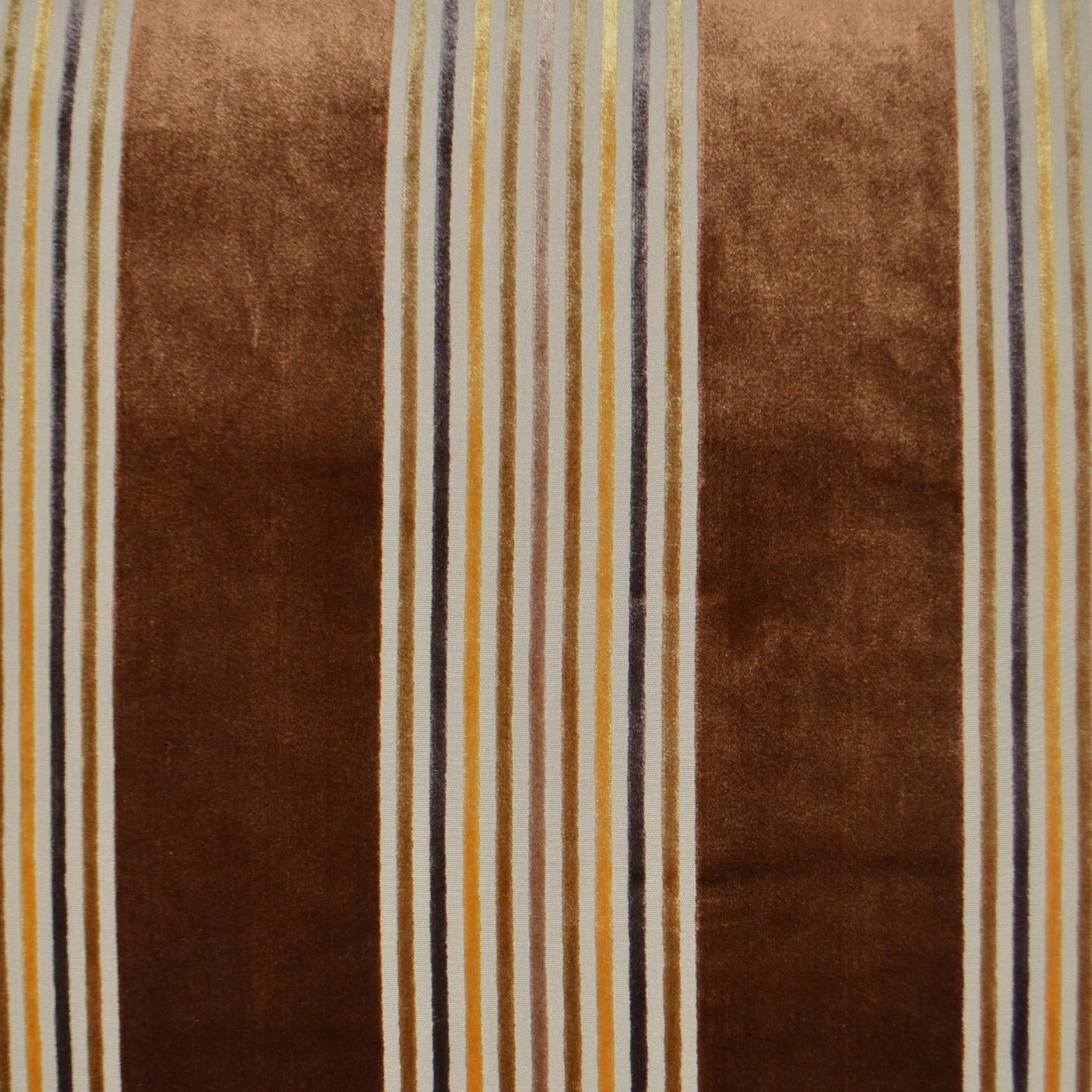 Brown fabric with bold vertical stripes: wide dark brown panels separated by narrow ivory, beige, and gold stripes.