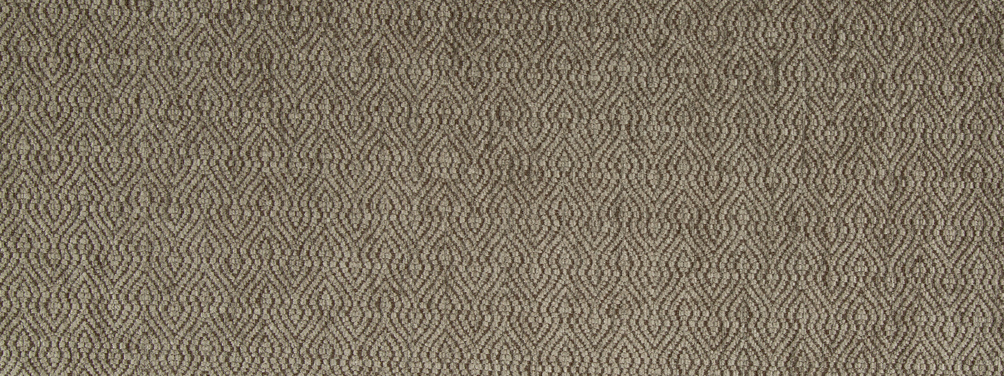 Beige-taupe jacquard upholstery fabric with a diamond lattice pattern and textured weave.