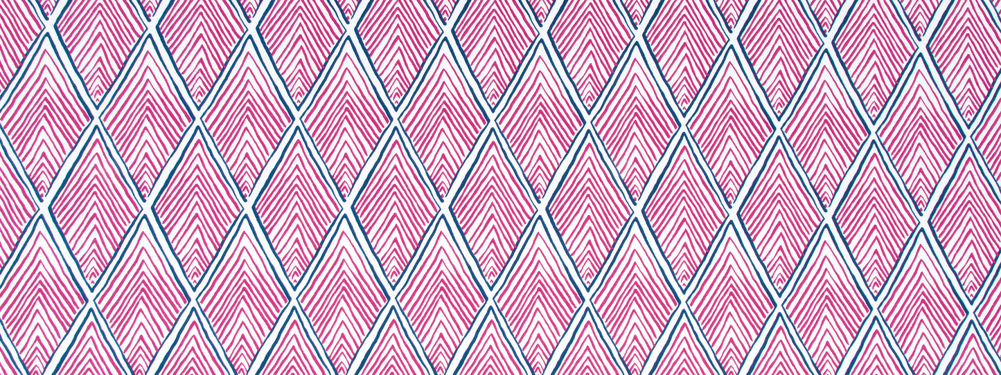 Pink diamond lattice fabric with blue outlines and white diagonal accents.