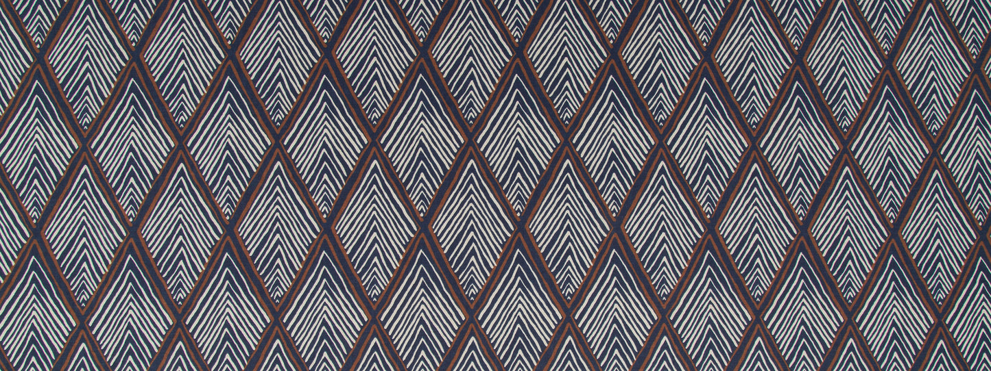 Geometric diamond lattice in blue with brown outlines and light blue zigzags; textile pattern for upholstery.