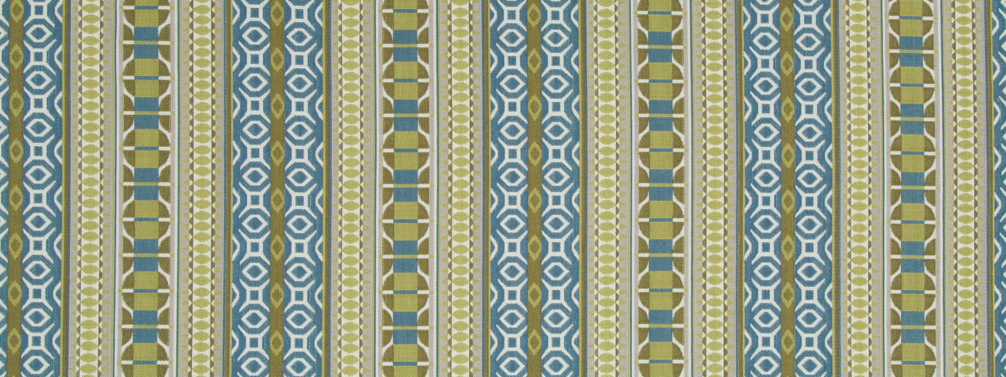 Striped geometric fabric in teal blue, olive green and beige with a tribal-inspired pattern