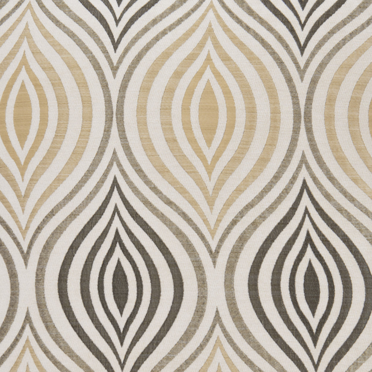 Geometric ikat-inspired fabric pattern with black, gray, and beige teardrop shapes on off-white background.