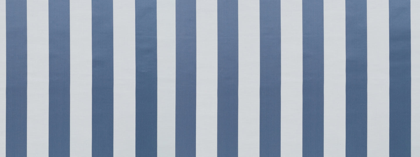 Blue and white vertical striped upholstery fabric.