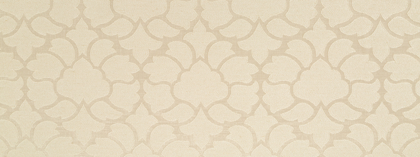 Beige damask pattern on drapery fabric with soft, ornate floral motifs in a repeating design.