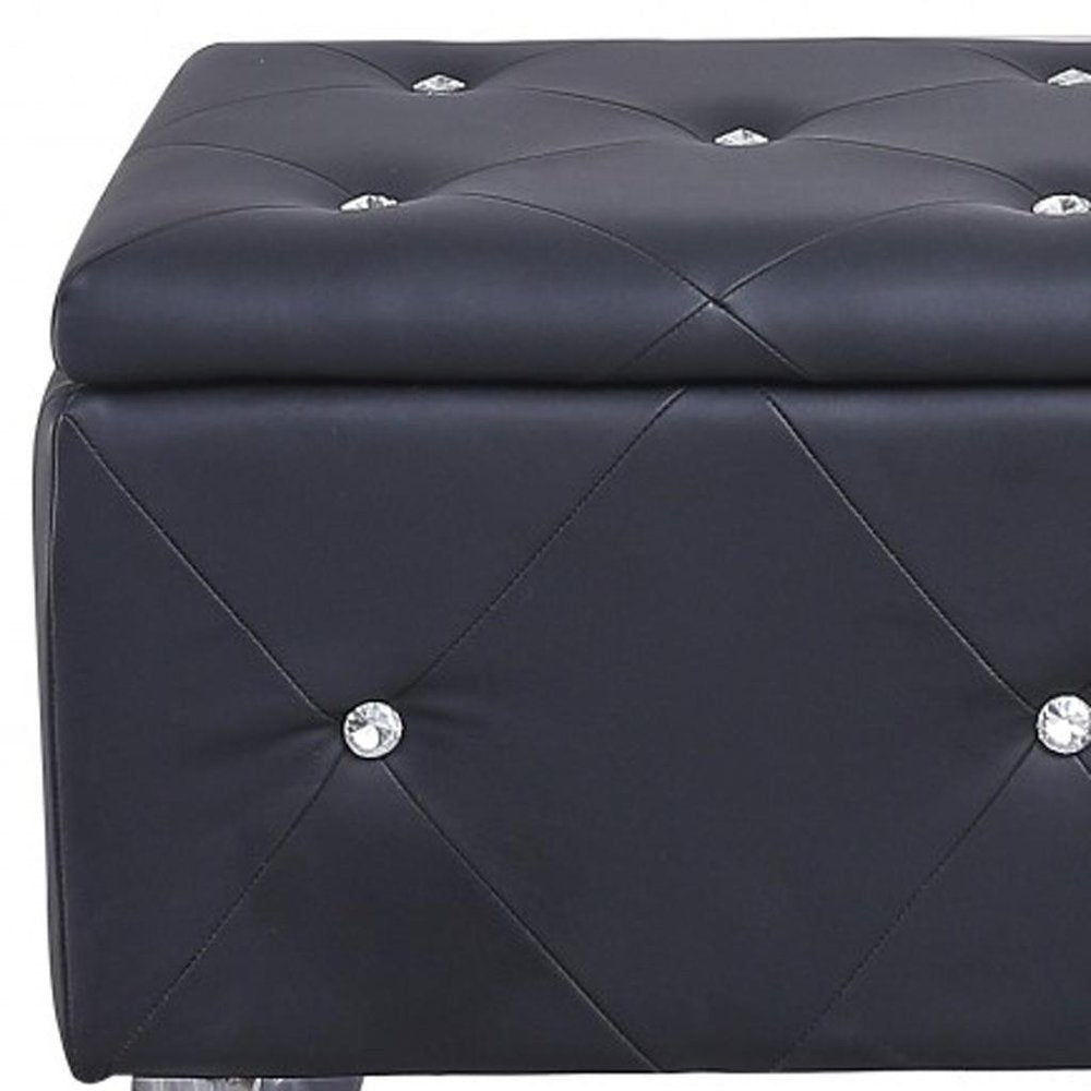 38" Black and Silver Faux Leather Storage Bench With Flip Top