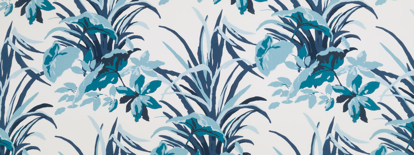Blue and teal tropical palm leaves on a pale background; seamless botanical print for fabric or wallpaper.