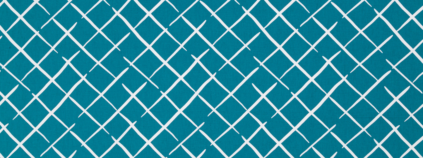 Teal blue crisscross lattice pattern with white diagonal lines forming diamonds.