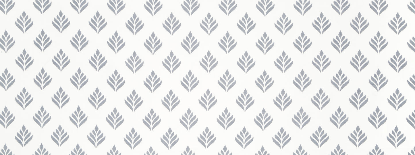 Repeating light gray leaf motif on white background; botanical wallpaper pattern.