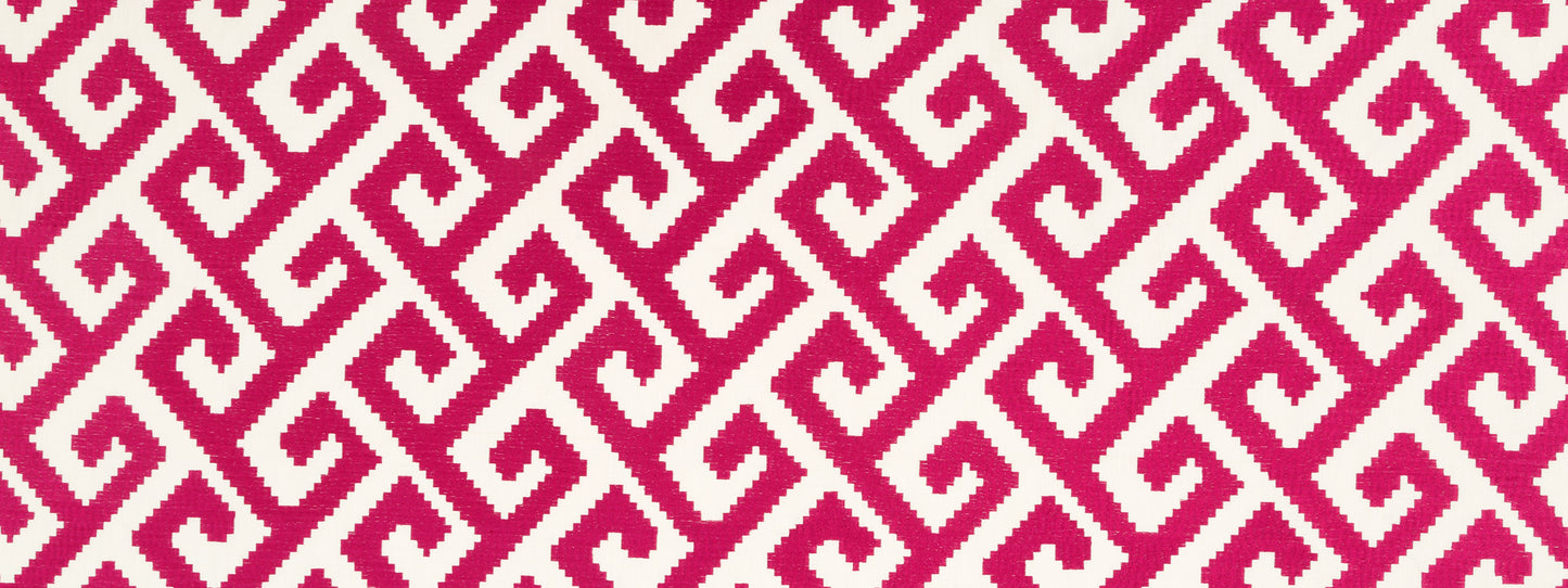 Magenta pink Greek key meander pattern with white spaces, repeating geometric textile design.