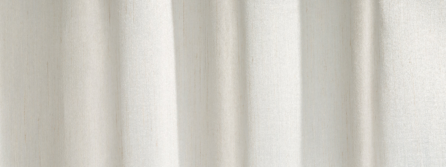 White sheer curtain fabric with soft vertical folds and linen-like texture.