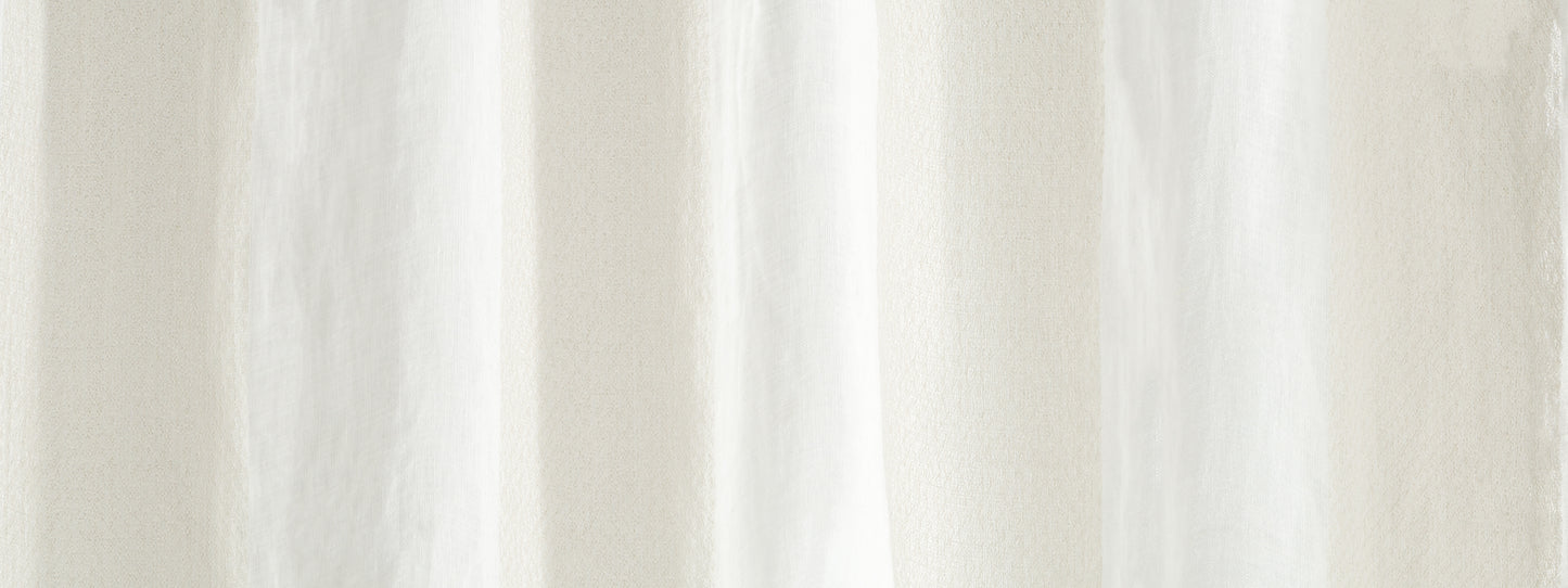 White sheer curtain panels with soft vertical folds, lightweight fabric for diffused natural light.