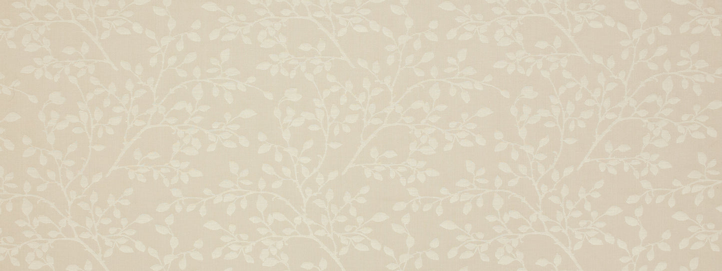 Beige drapery fabric with white botanical vines and leaves in a subtle linen texture.