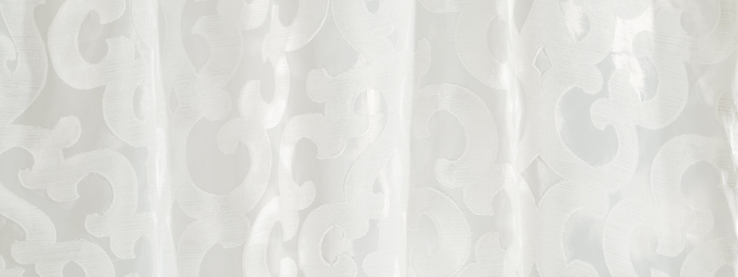 Pale cream damask-style scroll drapery curtain with light-diffusing fabric