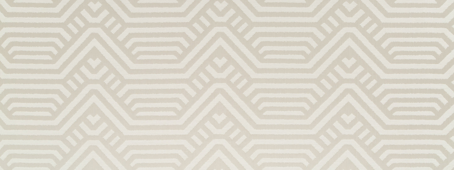 Beige and cream geometric chevron pattern with interlocking zigzag lines; modern wallpaper or fabric design.