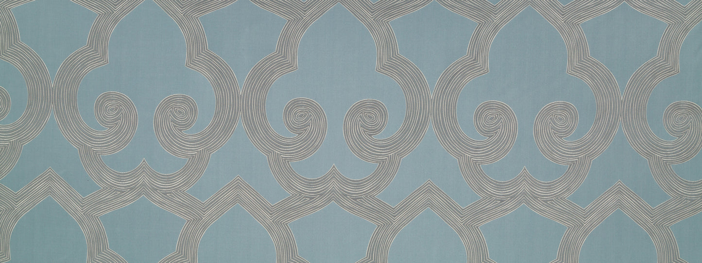 Teal wallpaper featuring cream concentric scrolls and interlocking arches; modern geometric pattern.