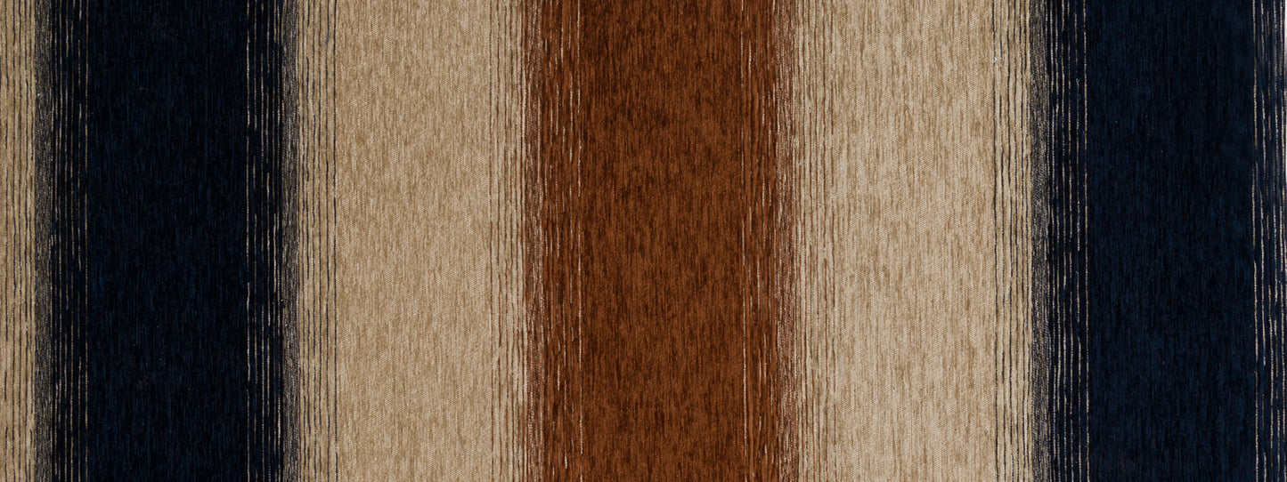 Vertical striped woven upholstery fabric in cognac and black tones; textured textile.