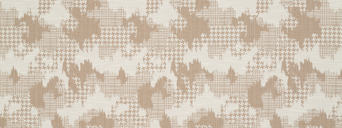 Neutral beige-tan linen upholstery fabric with a plaid jacquard pattern.