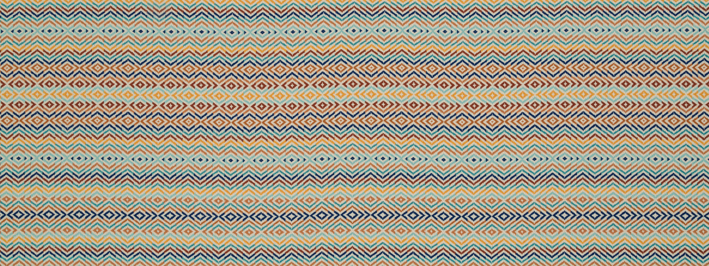 Horizontal-striped geometric textile with teal, orange and cream diamonds in a chevron motif.