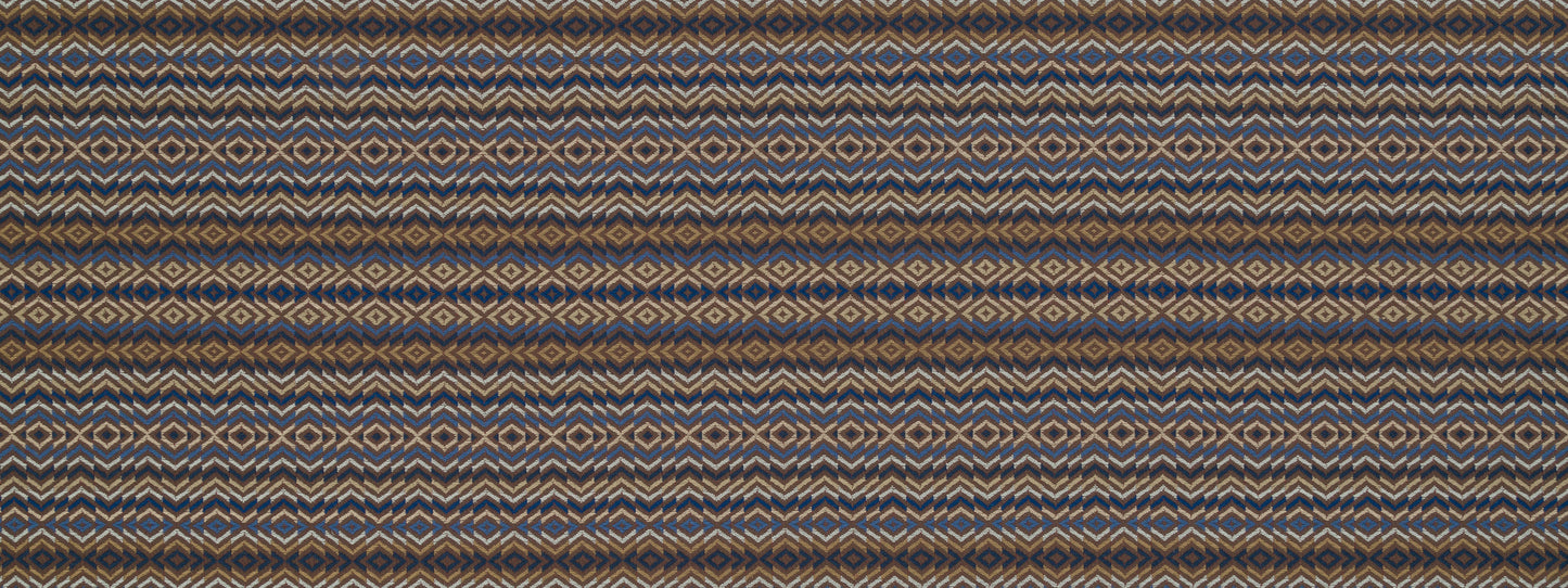 Navy blue and tan patterned fabric with small diamond motifs in horizontal stripes; a woven textile suitable for upholstery.