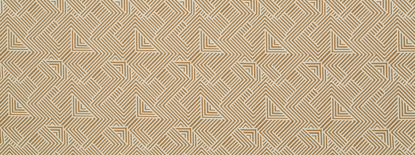 Beige geometric repeating pattern of interlocking triangles in tan and cream; modern decorative wallpaper/fabric motif.